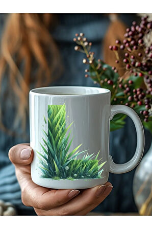 Çim Çimen Şeklinde Harf Kişiye Özel 3 Boyutlu Tasarım Seramik Kupa Mug - Hediyelik Kupa