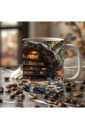 Mağara Ve Ağaç İçi Kitaplık Kütüphane Baskılı 3D Tasarım Seramik Kupa Mug - Hediyelik