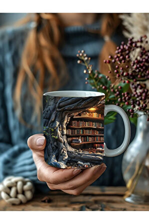 Mağara Ve Ağaç İçi Kitaplık Kütüphane Baskılı 3D Tasarım Seramik Kupa Mug - Hediyelik