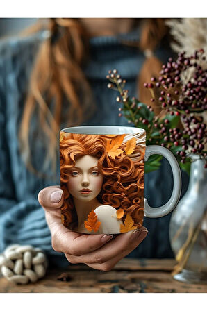 Sonbahar Yaprak Ve Kadın Temalı 3 Boyutlu Tasarım Seramik Kupa Mug - Hediyelik Kupa