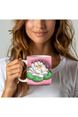 Çiçek Baskılı 3D Tasarım Seramik Kupa Mug - GÜL - LALE - LOTUS - NİLÜFER - PAPATYA -