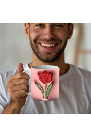 Çiçek Baskılı 3D Tasarım Seramik Kupa Mug - GÜL - LALE - LOTUS - NİLÜFER - PAPATYA -