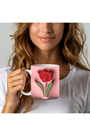 Çiçek Baskılı 3D Tasarım Seramik Kupa Mug - GÜL - LALE - LOTUS - NİLÜFER - PAPATYA -