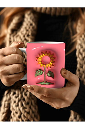 Çiçek Baskılı 3D Tasarım Seramik Kupa Mug - GÜL - LALE - LOTUS - NİLÜFER - PAPATYA -