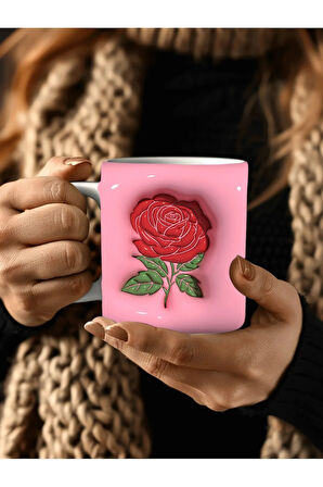 Çiçek Baskılı 3D Tasarım Seramik Kupa Mug - GÜL - LALE - LOTUS - NİLÜFER - PAPATYA -