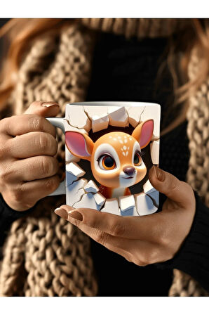 Yavru Hayvan Baskılı 3 Boyutlu Tasarım Seramik Kupa Mug - Hediyelik Kupa Bardak