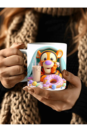 Winnie the Pooh - Kaplan Tigger - İyor - Piglet Baskılı 3D Tasarım Seramik Kupa Mug