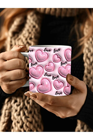 Kalp Baskılı 3D Tasarım Seramik Kupa Mug - Hediyelik Kupa Bardak