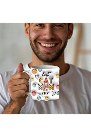 CAT MOM KEDİ ANNESİ Baskılı 3D Tasarım Seramik Kupa Mug - Hediyelik Kupa Bardak