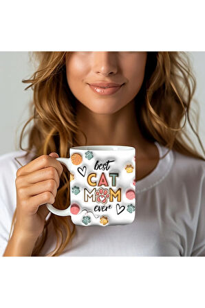 CAT MOM KEDİ ANNESİ Baskılı 3D Tasarım Seramik Kupa Mug - Hediyelik Kupa Bardak