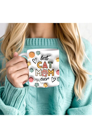 CAT MOM KEDİ ANNESİ Baskılı 3D Tasarım Seramik Kupa Mug - Hediyelik Kupa Bardak