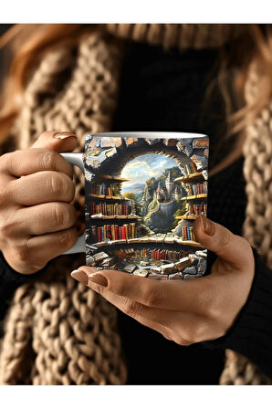 Kitaplık Kütüphane Baskılı 3D Tasarım Seramik Kupa Mug - Hediyelik Kupa Bardak