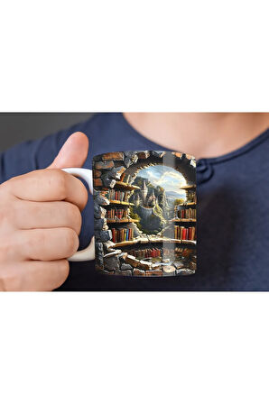 Kitaplık Kütüphane Baskılı 3D Tasarım Seramik Kupa Mug - Hediyelik Kupa Bardak