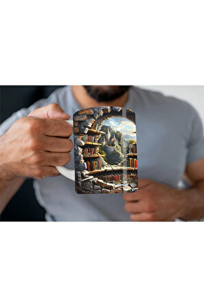 Kitaplık Kütüphane Baskılı 3D Tasarım Seramik Kupa Mug - Hediyelik Kupa Bardak