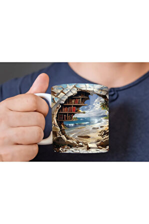 Kitaplık Kütüphane Baskılı 3D Tasarım Seramik Kupa Mug - Hediyelik Kupa Bardak