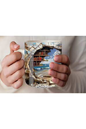 Kitaplık Kütüphane Baskılı 3D Tasarım Seramik Kupa Mug - Hediyelik Kupa Bardak
