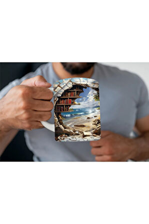 Kitaplık Kütüphane Baskılı 3D Tasarım Seramik Kupa Mug - Hediyelik Kupa Bardak