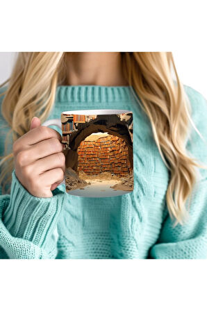 Kitaplık Kütüphane Baskılı 3D Tasarım Seramik Kupa Mug - Hediyelik Kupa Bardak