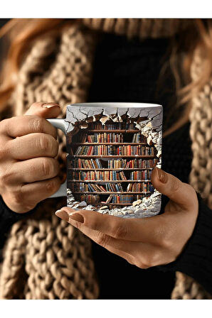 Kitaplık Kütüphane Baskılı 3D Tasarım Seramik Kupa Mug - Hediyelik Kupa Bardak