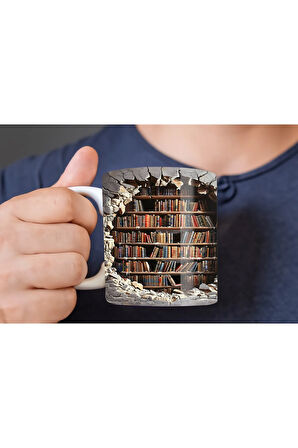 Kitaplık Kütüphane Baskılı 3D Tasarım Seramik Kupa Mug - Hediyelik Kupa Bardak