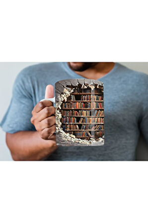 Kitaplık Kütüphane Baskılı 3D Tasarım Seramik Kupa Mug - Hediyelik Kupa Bardak