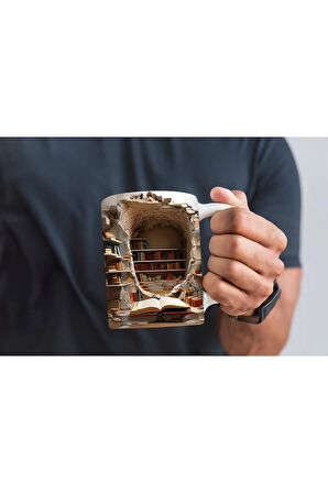 Kitaplık Kütüphane Baskılı 3D Tasarım Seramik Kupa Mug - Hediyelik Kupa Bardak