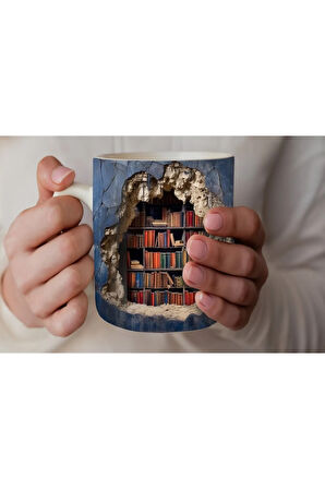 Kitaplık Kütüphane Baskılı 3D Tasarım Seramik Kupa Mug - Hediyelik Kupa Bardak