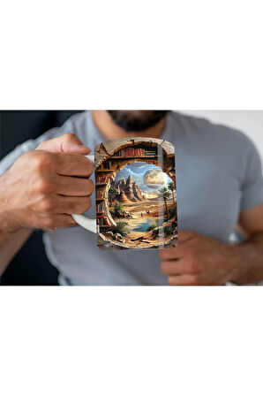 Kitaplık Kütüphane Baskılı 3D Tasarım Seramik Kupa Mug - Hediyelik Kupa Bardak