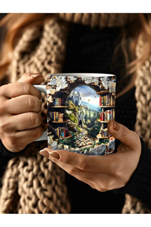 Kitaplık Kütüphane Baskılı 3D Tasarım Seramik Kupa Mug - Hediyelik Kupa Bardak