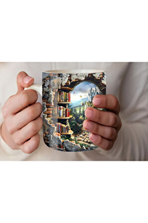 Kitaplık Kütüphane Baskılı 3D Tasarım Seramik Kupa Mug - Hediyelik Kupa Bardak