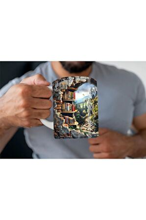 Kitaplık Kütüphane Baskılı 3D Tasarım Seramik Kupa Mug - Hediyelik Kupa Bardak