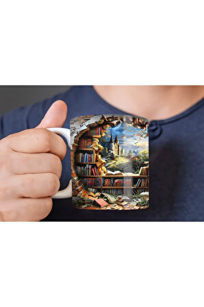 Kitaplık Kütüphane Baskılı 3D Tasarım Seramik Kupa Mug - Hediyelik Kupa Bardak