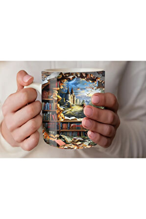 Kitaplık Kütüphane Baskılı 3D Tasarım Seramik Kupa Mug - Hediyelik Kupa Bardak