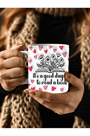 Kitap Ve Kalp Baskılı 3D Tasarım Seramik Kupa Mug - Hediyelik Kupa Bardak
