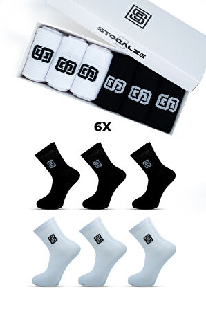 Stocalze Unisex Siyah ve Beyaz Tenis Çorabı. 6'lı Kutulu Stocalze Logolu Kolej Çorap.