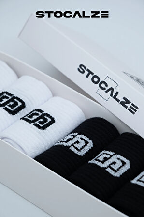 Stocalze Unisex Siyah ve Beyaz Tenis Çorabı. 6'lı Kutulu Stocalze Logolu Kolej Çorap.