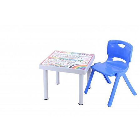 Sağlam Plastik Mandella Rubi Türkçe Desenli Çocuk Masası 1 Adet Nova Büyük Çocuk Koltuk Mavi