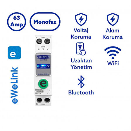Tomzn Akıllı Voltaj ve Akım Koruma Rölesi, WiFi Özellikli Dahili Enerji Ölçer 63A eWelink Uyumlu