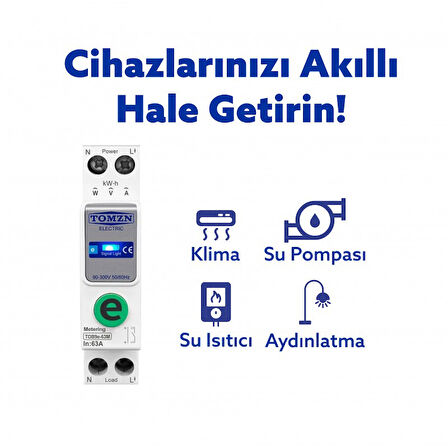 Tomzn Akıllı Voltaj ve Akım Koruma Rölesi, WiFi Özellikli Dahili Enerji Ölçer 63A eWelink Uyumlu