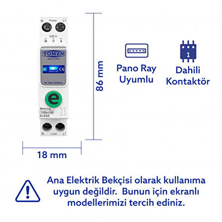 Tomzn Akıllı Voltaj ve Akım Koruma Rölesi, WiFi Özellikli Dahili Enerji Ölçer 63A eWelink Uyumlu