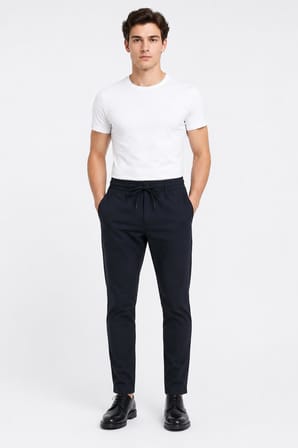 Teknik Kumaş Beli Lastikli Bağcıklı Pantolon