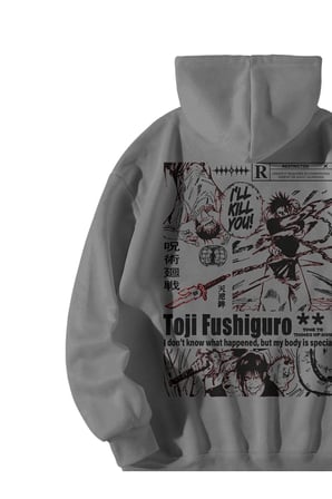 Unisex Antrasit Oversize Hoodie - Toji Fushiguro Anime Baskılı 3 İplik Streetwear Sweatshirt