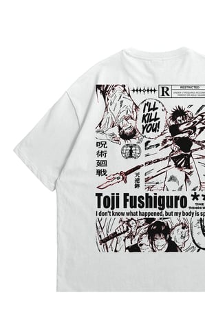 Unisex Beyaz Oversize T-Shirt - Toji Fushiguro Anime Baskılı %100 Pamuklu Bisiklet Yaka Tişört