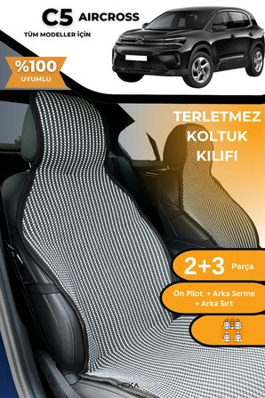 Terletmez Oto Koltuk Koruyucu Kılıf %100 Pamuk 5 li Tam Set Füme Beyaz Citroen C5 Aircross