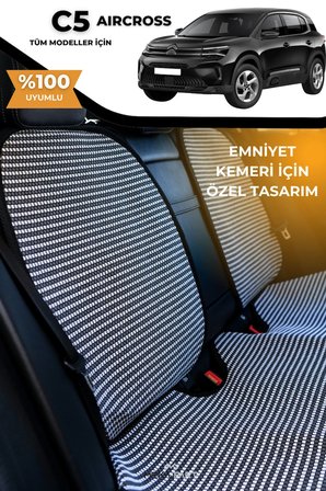 Terletmez Oto Koltuk Koruyucu Kılıf %100 Pamuk 5 li Tam Set Füme Beyaz Citroen C5 Aircross