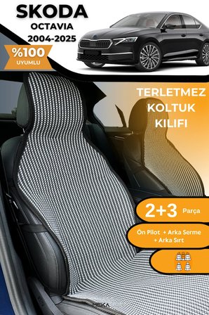 Terletmez Oto Koltuk Koruyucu Kılıf %100 Pamuk 5 li Tam Set Füme Beyaz Skoda Octavia
