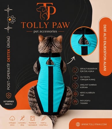 Ameliyat Sonrası Koruyucu Kedi Köpek Tulumu, Kolsuz, Sırttan Cırtlı, Enjeksiyon Bölümlü Giysi