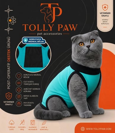 Ameliyat Sonrası Koruyucu Kedi Köpek Tulumu, Kolsuz, Sırttan Cırtlı, Enjeksiyon Bölümlü Giysi