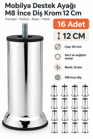 16 Adet Mobilya Kanepe Koltuk Baza Yatak Çekyat Yükseltme Ayağı M8 Ince Diş Metal Ayakları 12 Cm