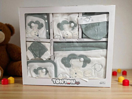 BEBEK ORGANİK PAMUK BULUT TAVŞAN NAKIŞLI 10 LU HASTANE ÇIKIŞ ZIBIN SETİ